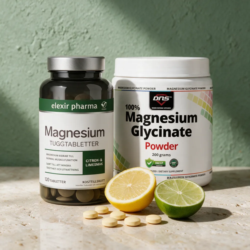 Elexir Pharma Magnesium tyggetabletter med sitron- og limesmak og DNS Magnesium Glycinate Powder, med tyggetabletter foran