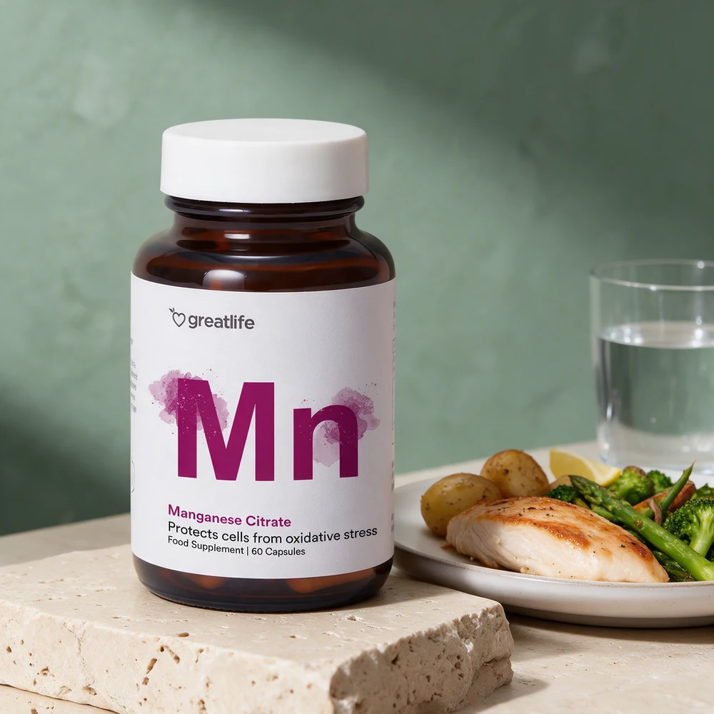 Greatlife Mangansitrat i brunt glass med hvitt lokk og stor lilla Mn på etiketten, med en tallerken mat og et glass vann