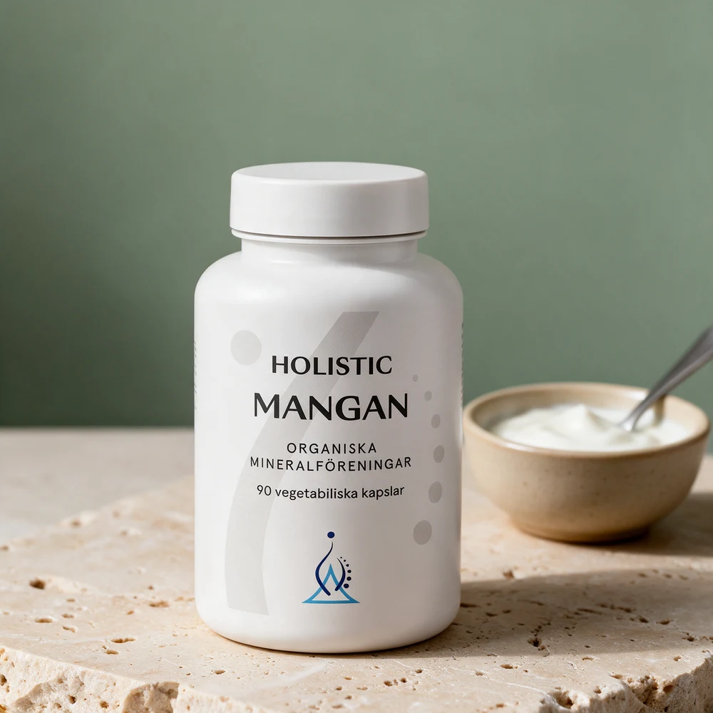 Holistic Mangan i hvit, rund plastboks med hvitt skrulokk og etikett med 90 vegetabilske kapsler, ved siden av en skål yoghurt