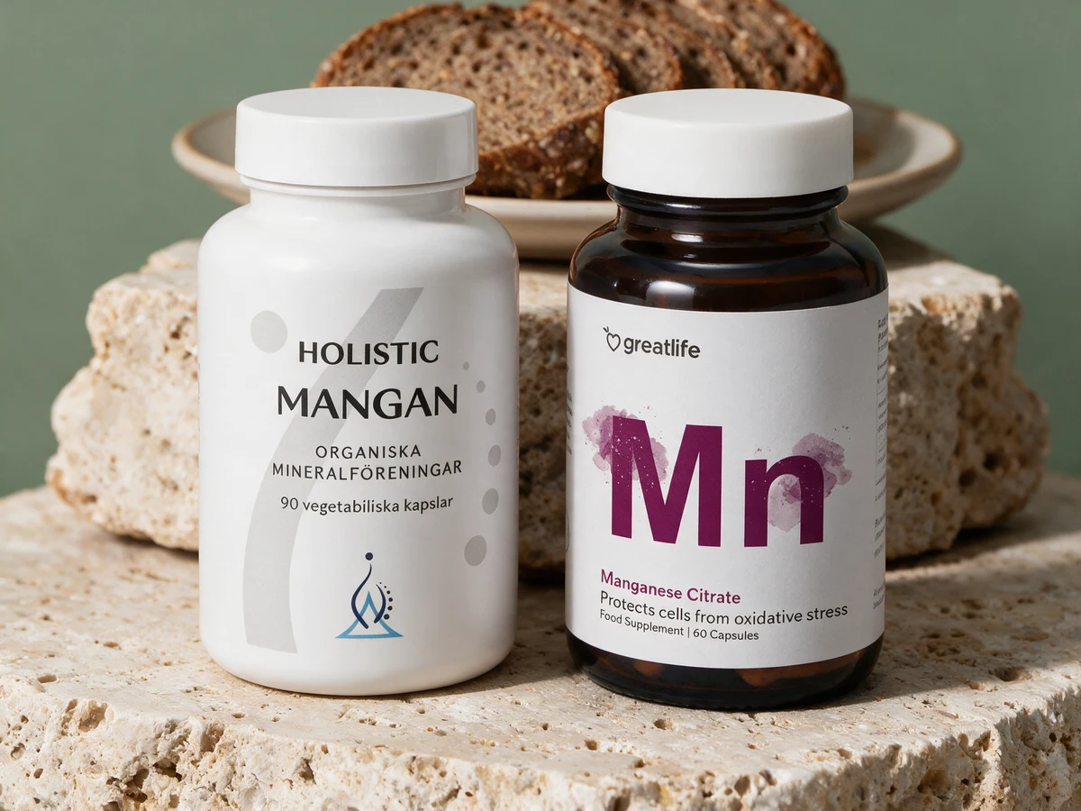 Holistic Mangan og Greatlife Mangansitrat, begge med 5 mg per kapsel, side om side