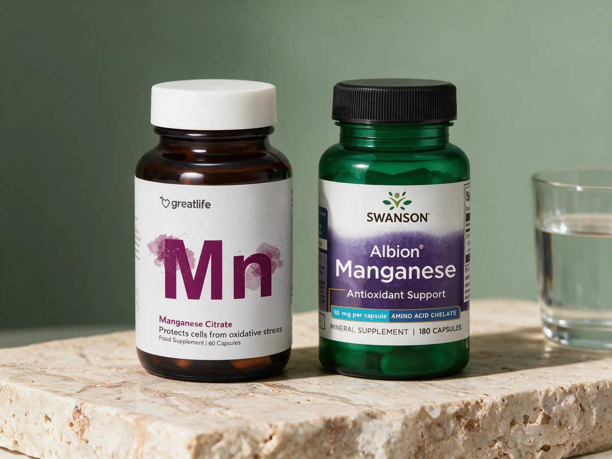 Greatlife Mangansitrat og Swanson Albion Manganese 10 mg, den korteste og den lengste innholdslisten