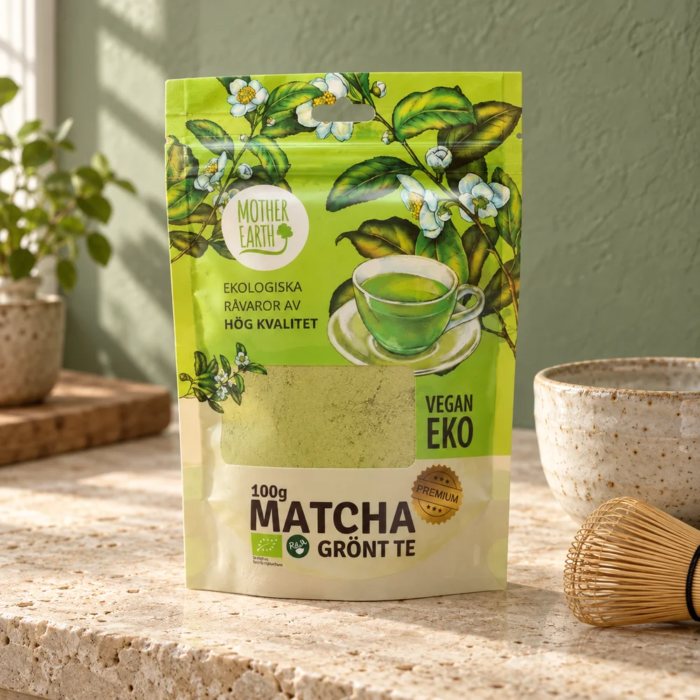 Mother Earth Matcha Premium, økologisk matchapulver i pose med vindu