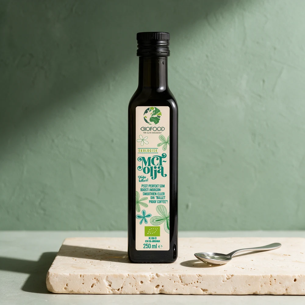 Biofood MCT-olje i smal, mørk 250 ml-flaske med en teskje ved siden av