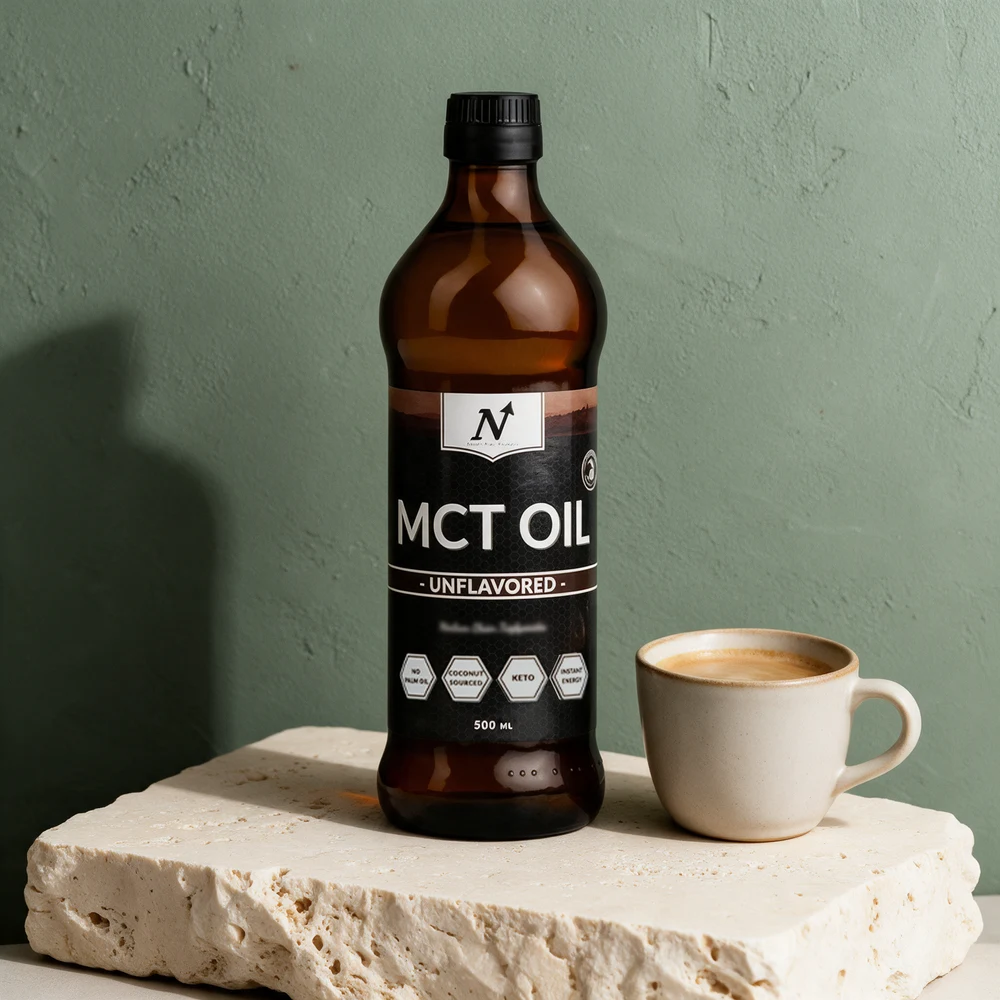 Nyttoteket MCT-olje i brun glassflaske ved en kopp kaffe
