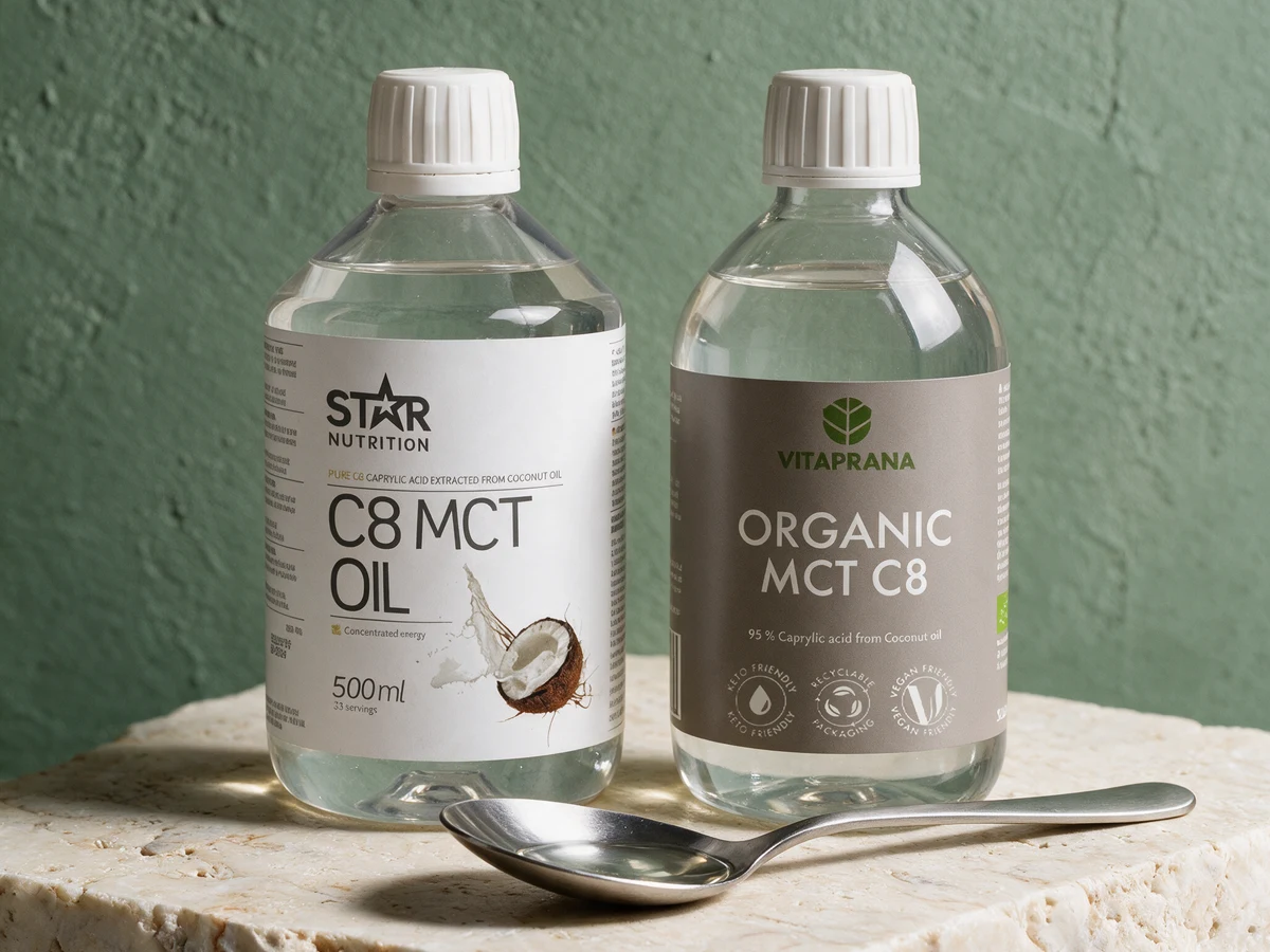 Star Nutrition C8 MCT Olje og Vitaprana Økologisk MCT C8 i klare flasker med en spiseskje olje foran