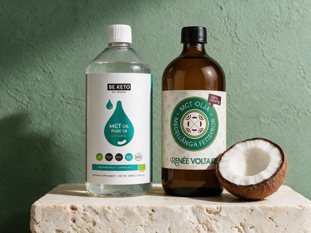 BeKeto Organic MCT Oil C8 i klar literflaske og Renée Voltaire MCT Olje i brun flaske ved en halv kokosnøtt