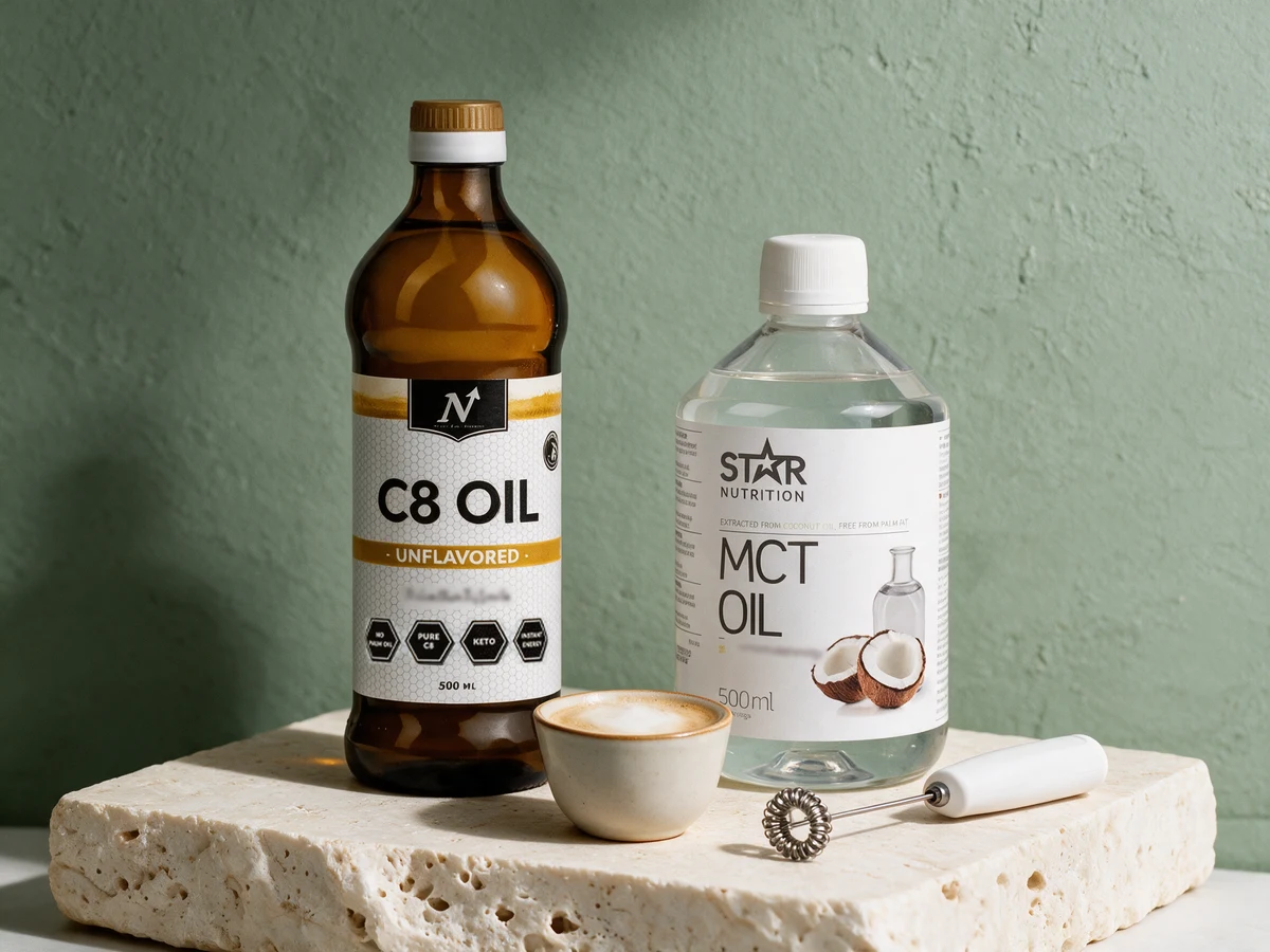 Nyttoteket C8 Olje i brun flaske og Star Nutrition MCT Olje i klar flaske ved en liten kopp kaffe og en melkeskummer