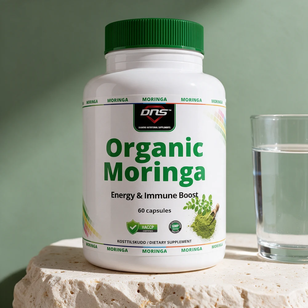 DNS Økologisk Moringa, hvit boks med grønt lokk og 60 kapsler