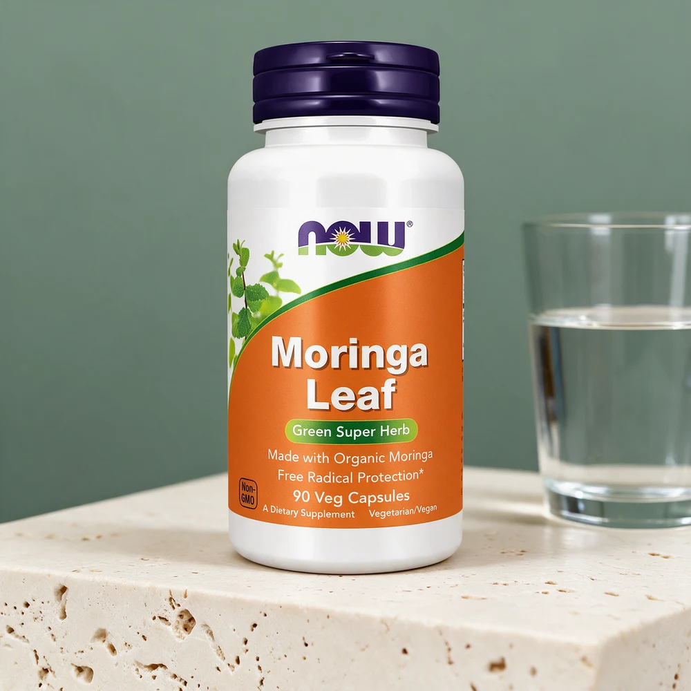 NOW Organic Moringa Leaf, hvit flaske med 90 kapsler