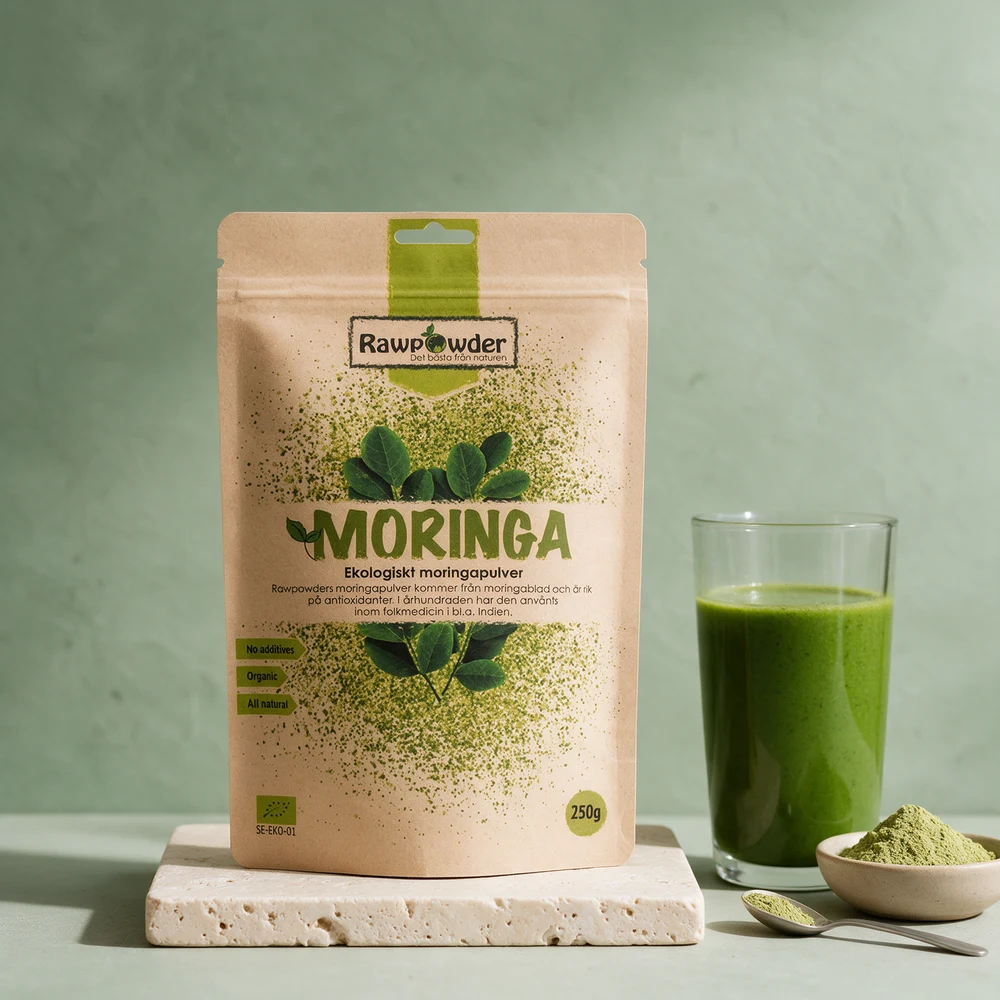Rawpowder Økologisk Moringapulver i stående kraftpapirpose på 250 gram ved siden av en grønn smoothie