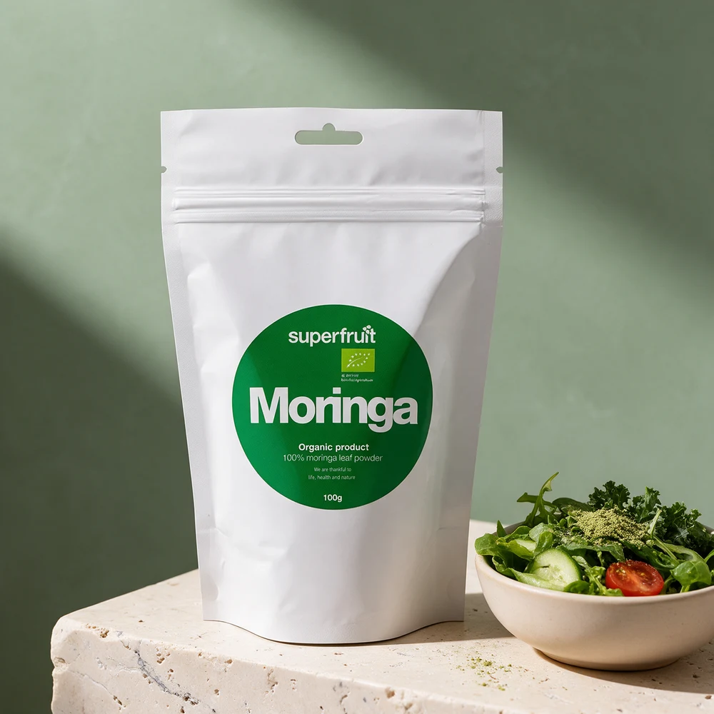 Superfruit Moringapulver, hvit pose på 100 gram med grønn sirkel, ved en salat med grønt pulver strødd over