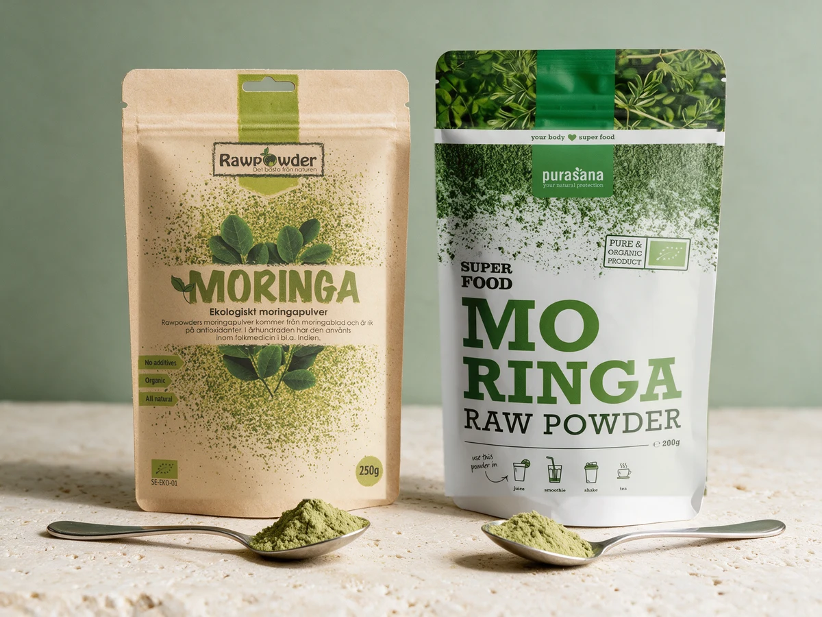 Rawpowder Økologisk Moringapulver, kraftpapirpose, og Purasana Moringa Raw Powder, hvit og grønn pose