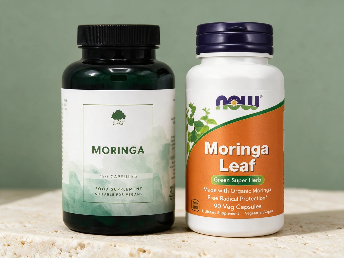 G&G Vitamins Moringa, mørkegrønn krukke, og NOW Organic Moringa Leaf, hvit flaske med oransje etikett