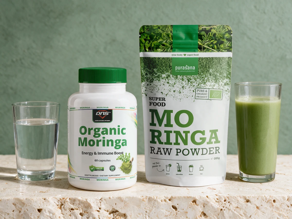 DNS Økologisk Moringa, hvit boks merket «Organic Moringa», og Purasana Moringa Raw Powder, hvit og grønn pose