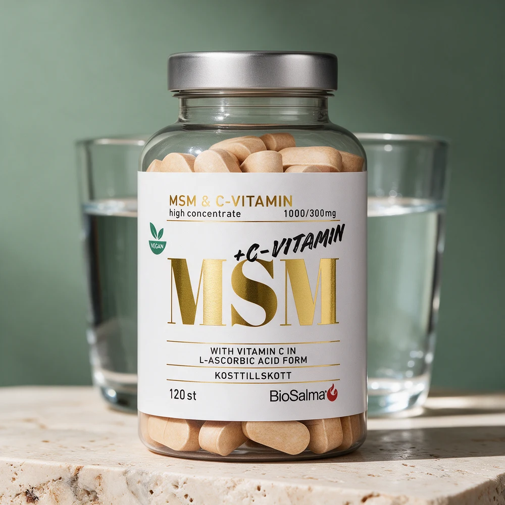 BioSalma MSM + C-vitamin, glasskrukke med tabletter merket «MSM & C-VITAMIN · 1000/300mg · 120 st»