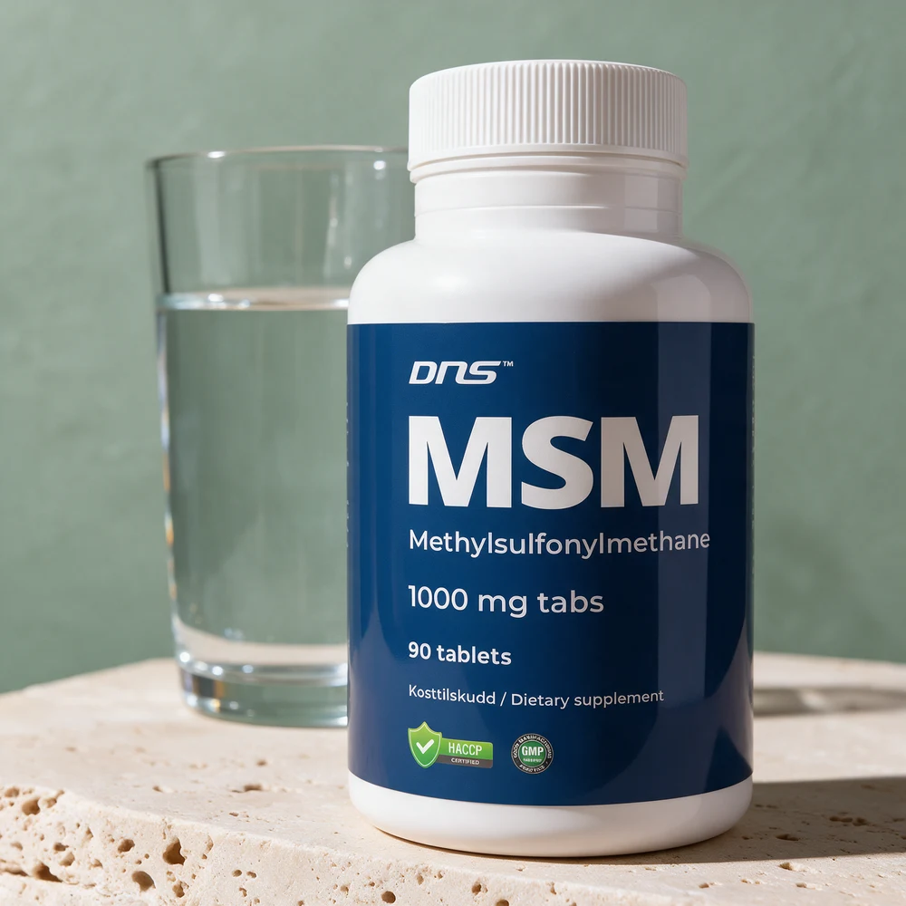 DNS MSM, hvit boks med blå etikett merket «MSM · 1000 mg tabs · 90 tablets»