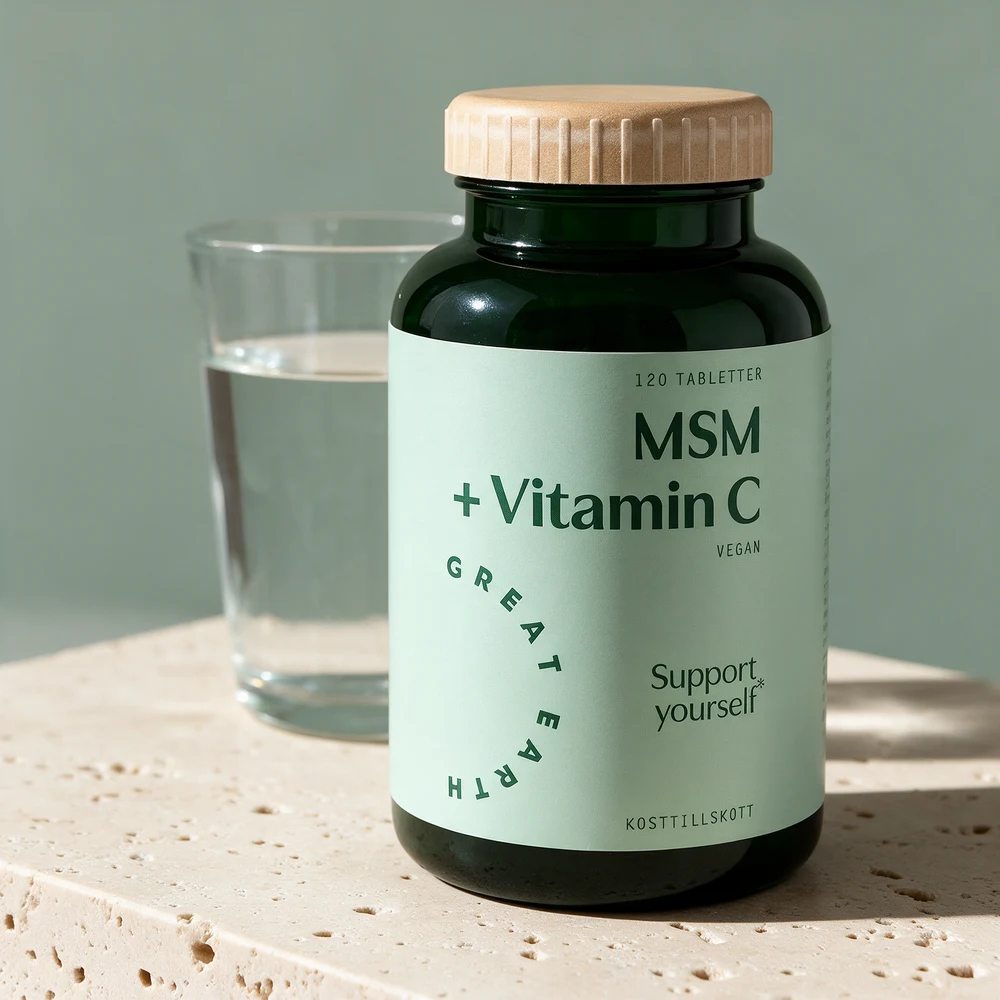 Great Earth MSM + C, grønn glassboks merket «MSM + Vitamin C · 120 TABLETTER»
