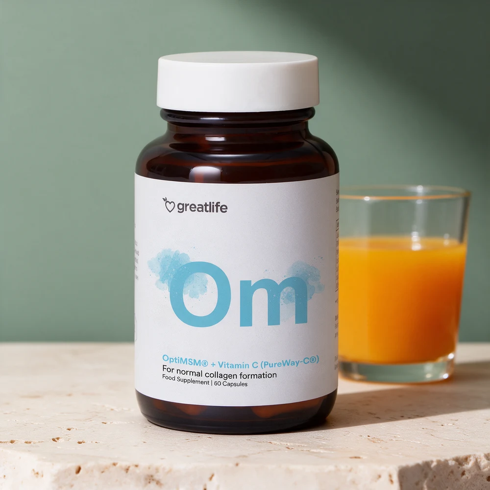 Greatlife OptiMSM + C, brun glassflaske merket «OptiMSM® + Vitamin C · 60 Capsules»