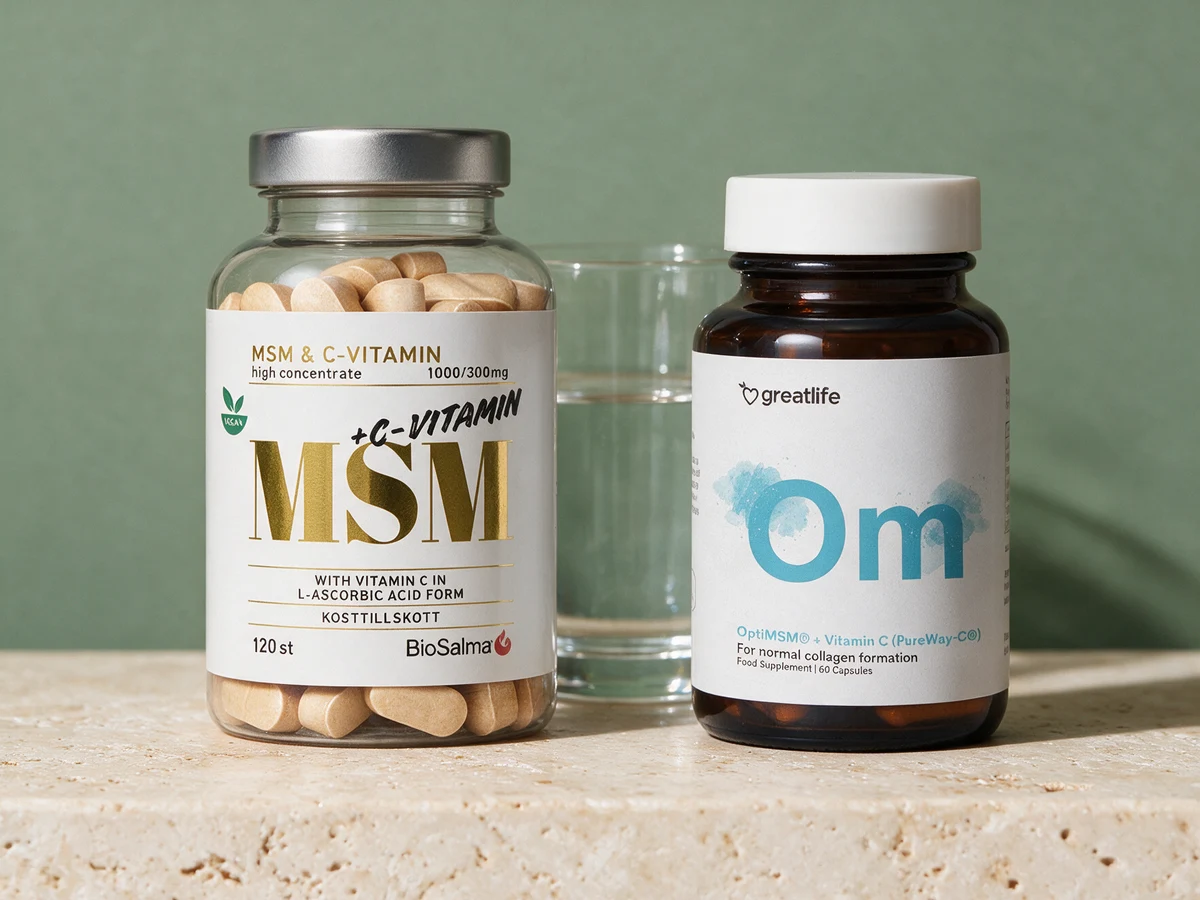 BioSalma MSM + C-vitamin, glasskrukke med tabletter, og Greatlife OptiMSM + C, brun glassflaske