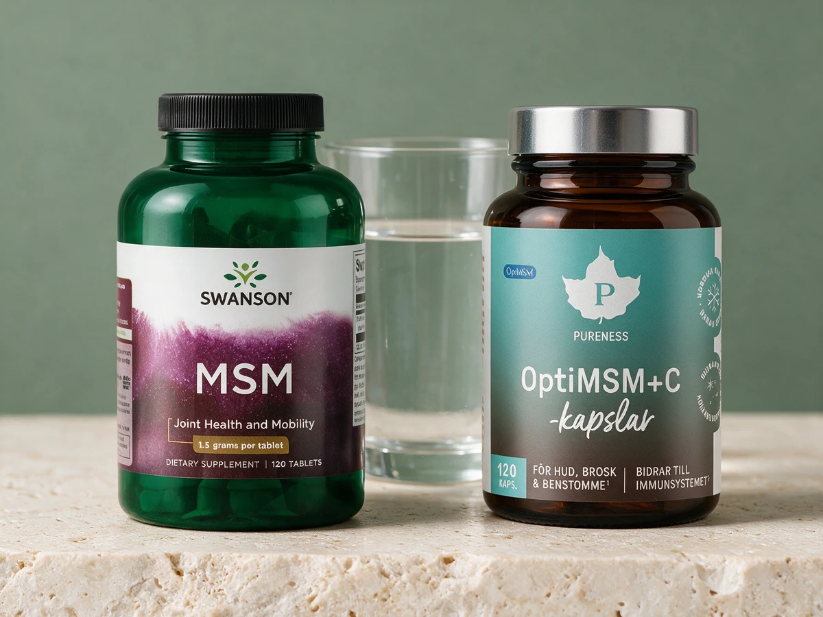 Swanson Ultra MSM, grønn glassboks med tabletter, og Pureness OptiMSM Plus C, brun glassboks med kapsler
