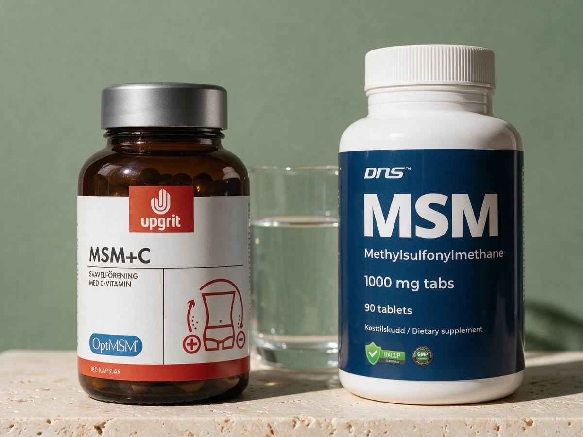 Upgrit MSM + C, brun glassboks merket «180 KAPSLAR», og DNS MSM, hvit boks merket «90 tablets»