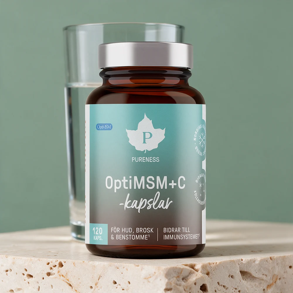 Pureness OptiMSM Plus C, brun glassboks med turkis etikett merket «OptiMSM+C -kapslar · 120 KAPS.»