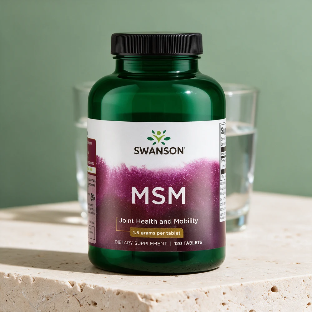 Swanson Ultra MSM, grønn glassboks merket «MSM · 1.5 grams per tablet · 120 TABLETS»