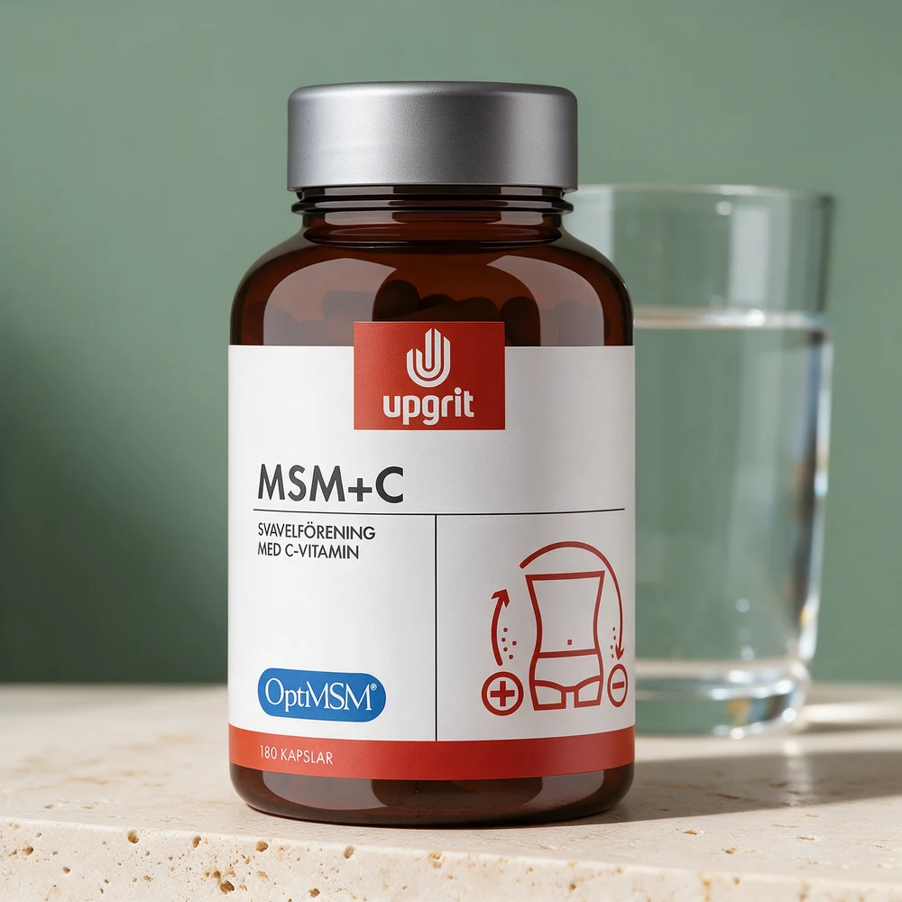 Upgrit MSM + C, brun glassboks merket «MSM+C · 180 KAPSLAR»