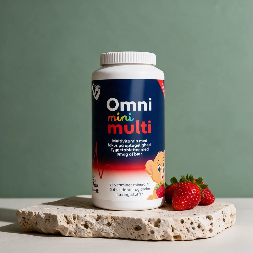 Biosym OmniMini Multi, hvit boks med mørkeblå etikett, vegansk tyggetablett for barn