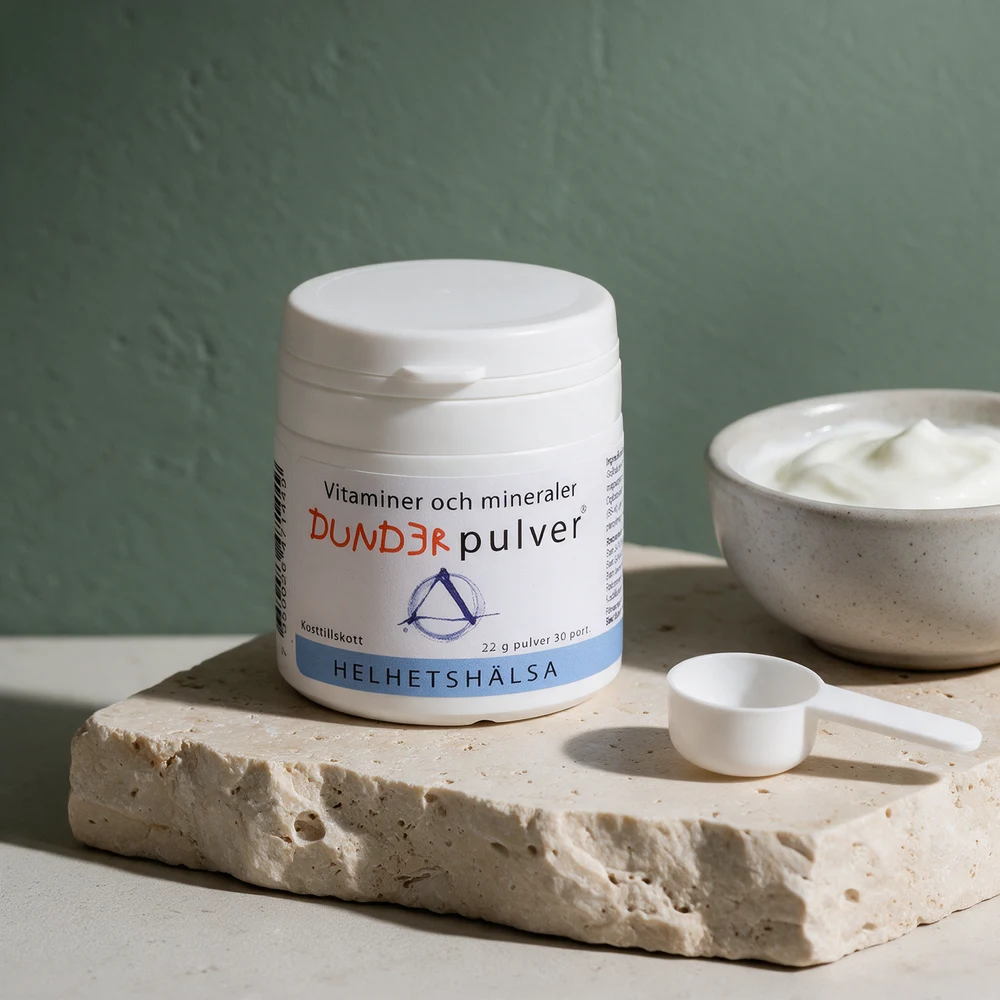 Helhetshälsa Dunderpulver, hvit boks med 22 gram vitamin- og mineralpulver