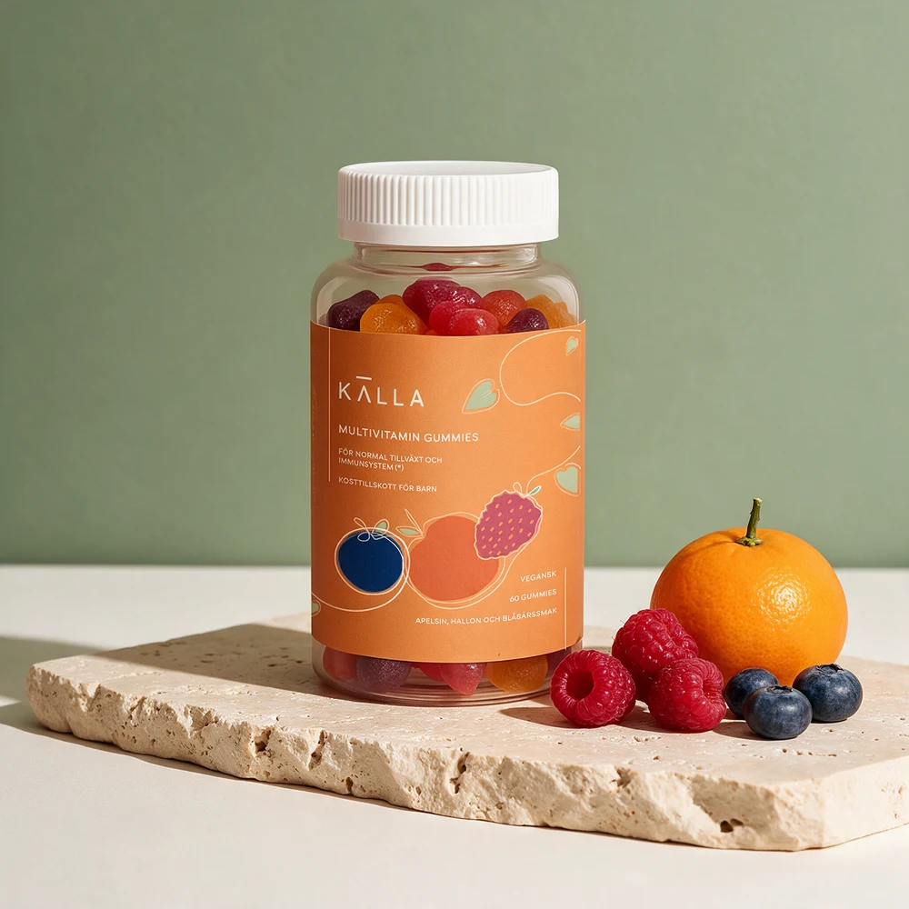 Källa Multivitamin Gummies, gjennomsiktig boks med 60 veganske gummier i tre smaker