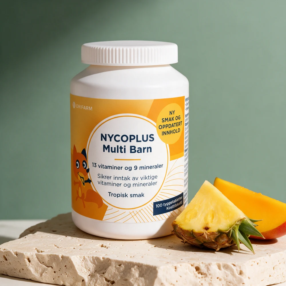 Nycoplus Multi Barn, hvit boks med 100 tyggetabletter med tropisk smak