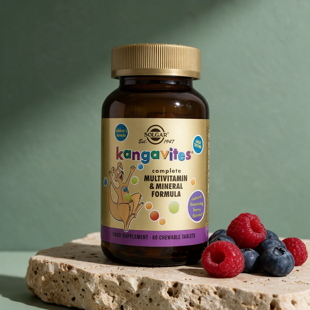 Solgar Kangavites Bouncing Berry, brun glassflaske med 60 tyggetabletter