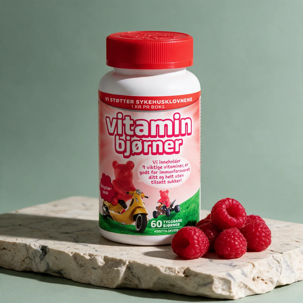 Vitaminbjørner med bringebærsmak, boks med rødt lokk og 60 tyggbare bjørner