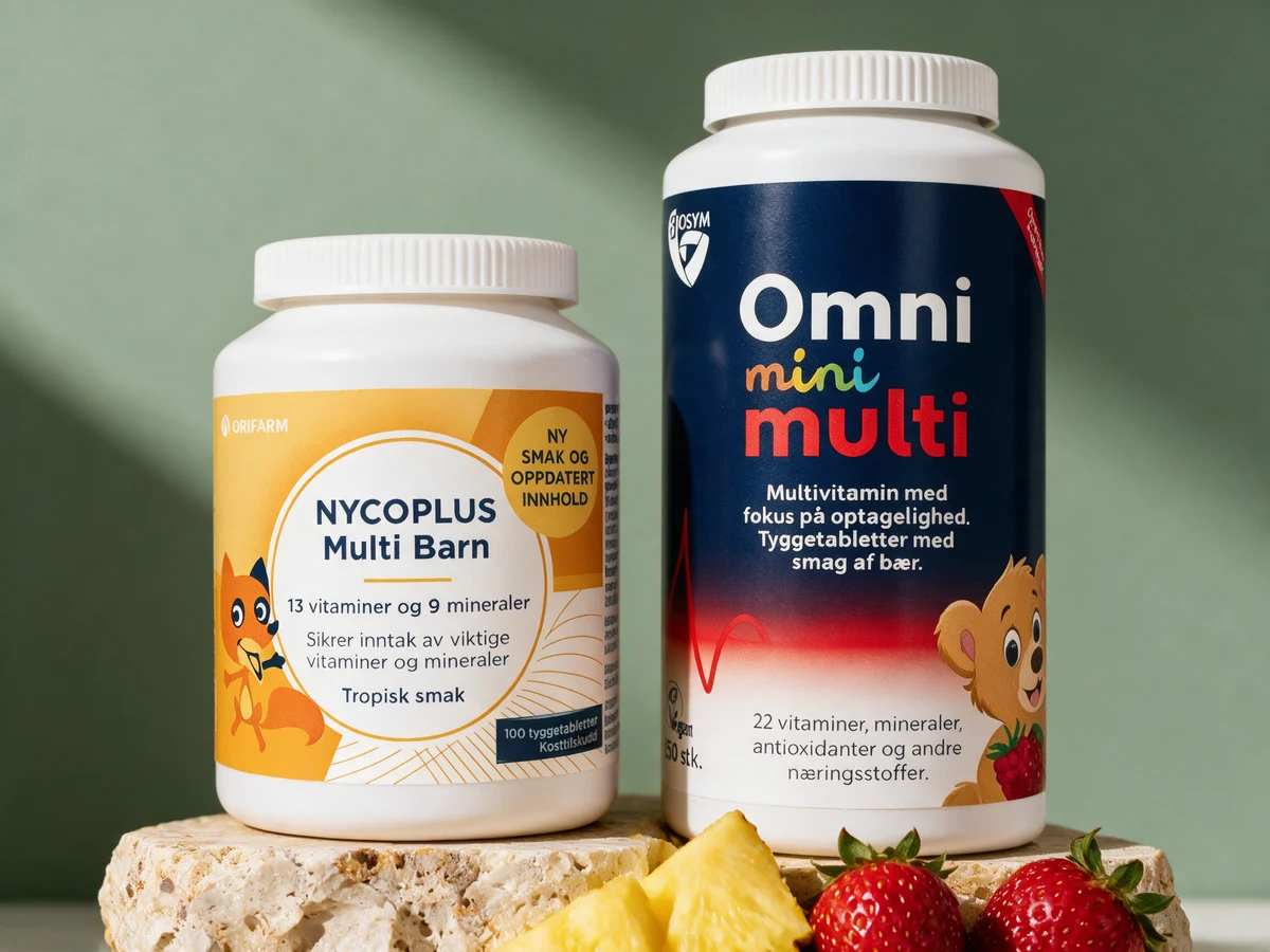 Nycoplus Multi Barn og Biosym OmniMini, de to tablettene med jod, jern og D-vitamin innenfor barnegrensene