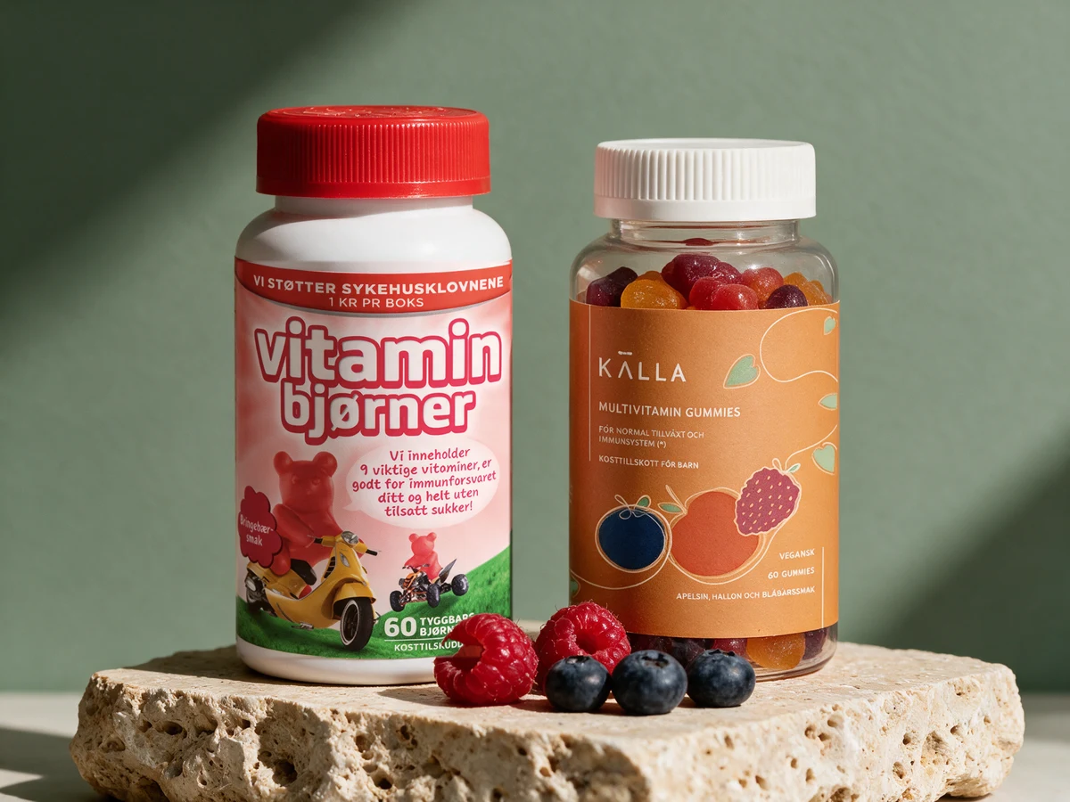 Vitaminbjørner Bringebær og Källa Multivitamin Gummies, gummi med gelatin og gummi med potetstivelse