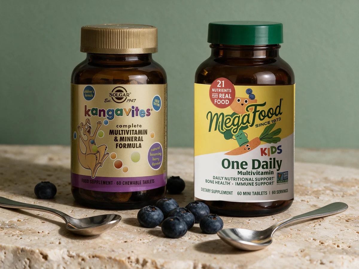Solgar Kangavites og MegaFood Kids One Daily, bærtabletten som tas med mat og minitabletten som kan knuses
