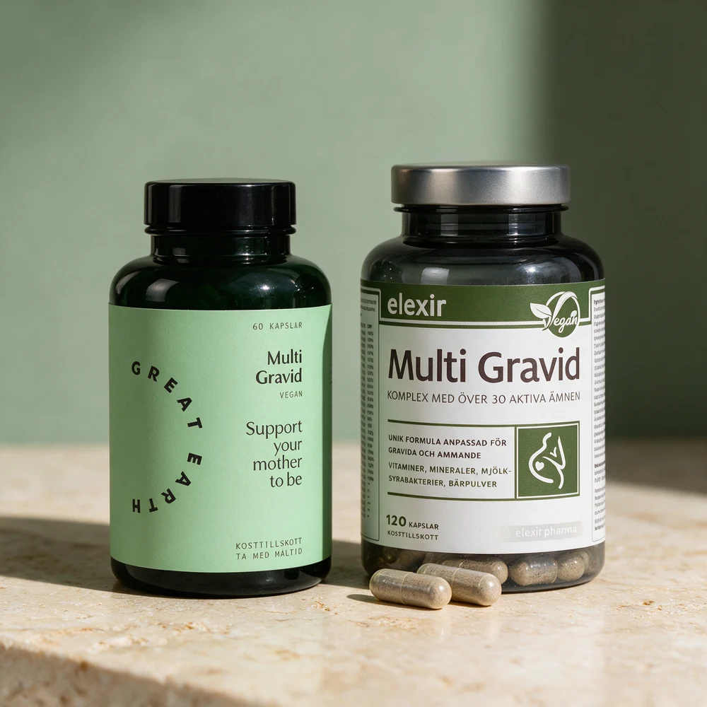Great Earth Multi Gravid og Elexir Multi Gravid side om side, med to gråbrune pulverkapsler foran Elexir-boksen