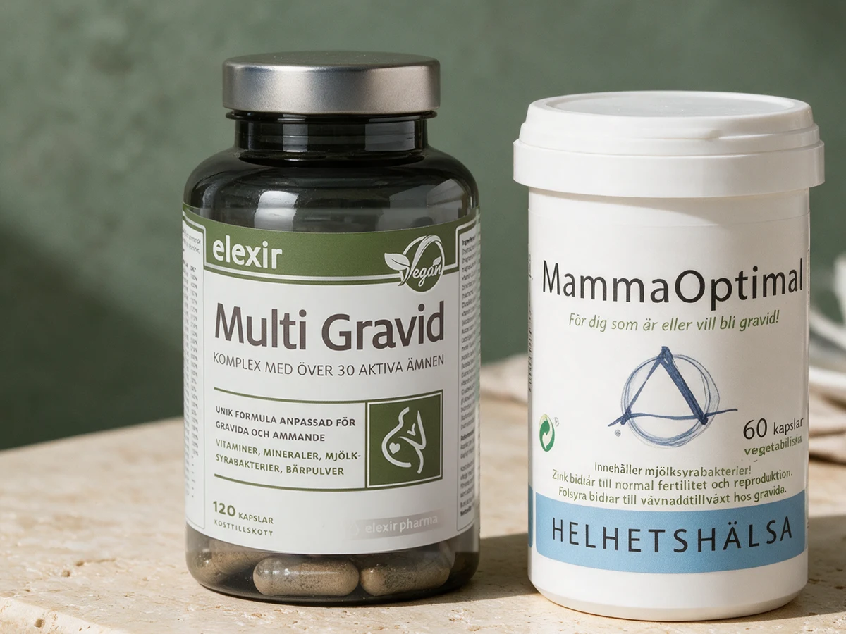 Elexir Multi Gravid og Helhetshälsa MammaOptimal side om side