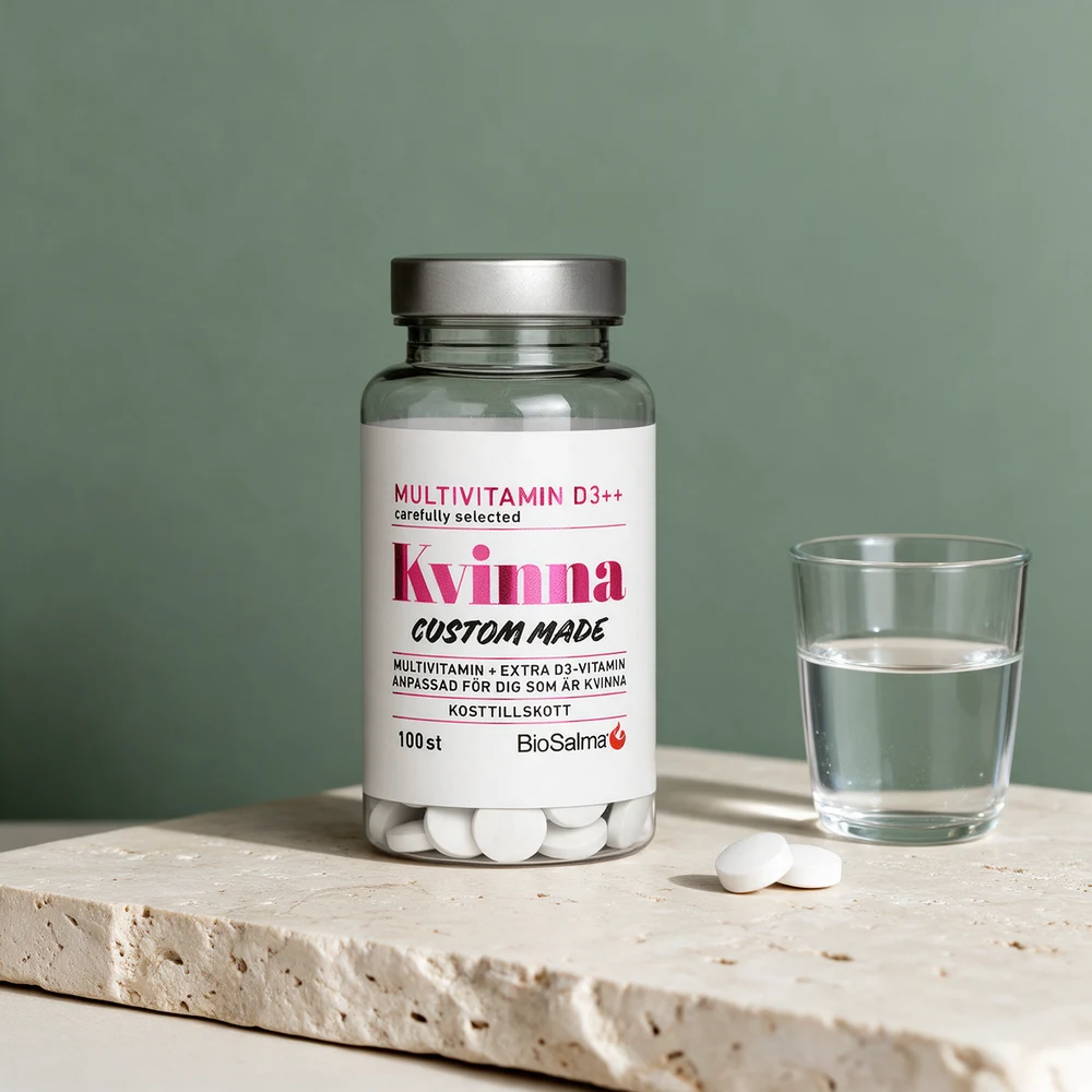BioSalma Multivitamin Kvinne D-vitamin++ med hvite, belagte tabletter i boksen og to foran