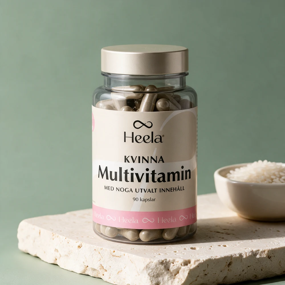 Heela Multivitamin Kvinne, klar boks med 90 kapsler av plantecellulose ved en skål med ris