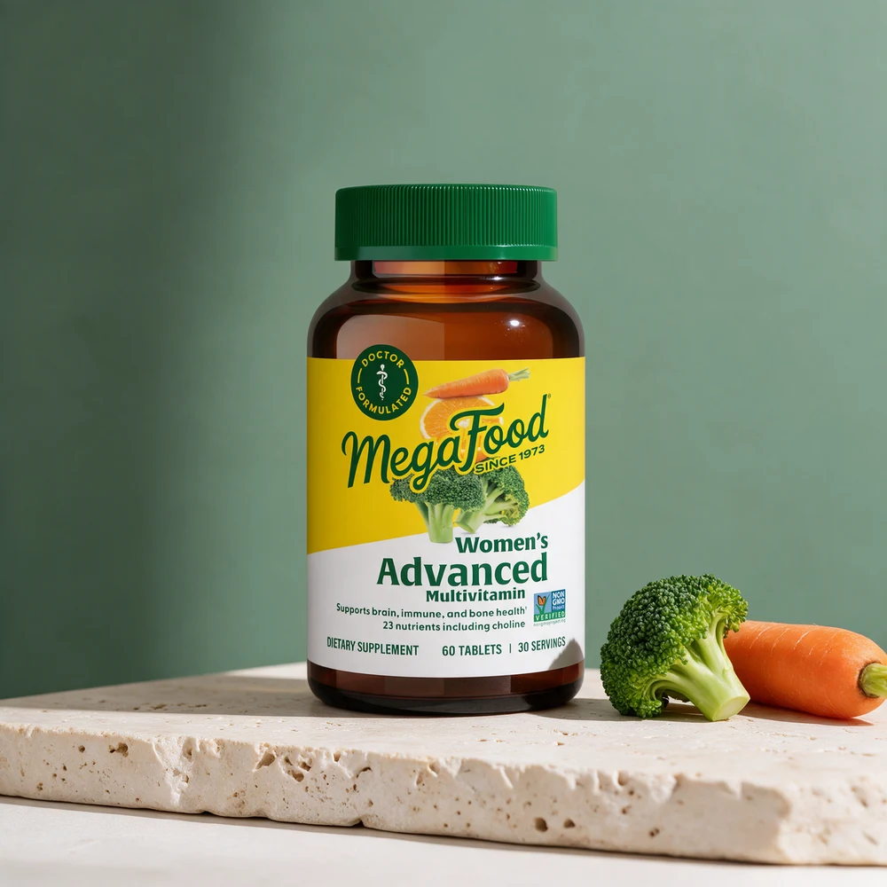MegaFood Women's Advanced, boks med 60 tabletter ved brokkoli og gulrot, to av grønnsakene i tabletten