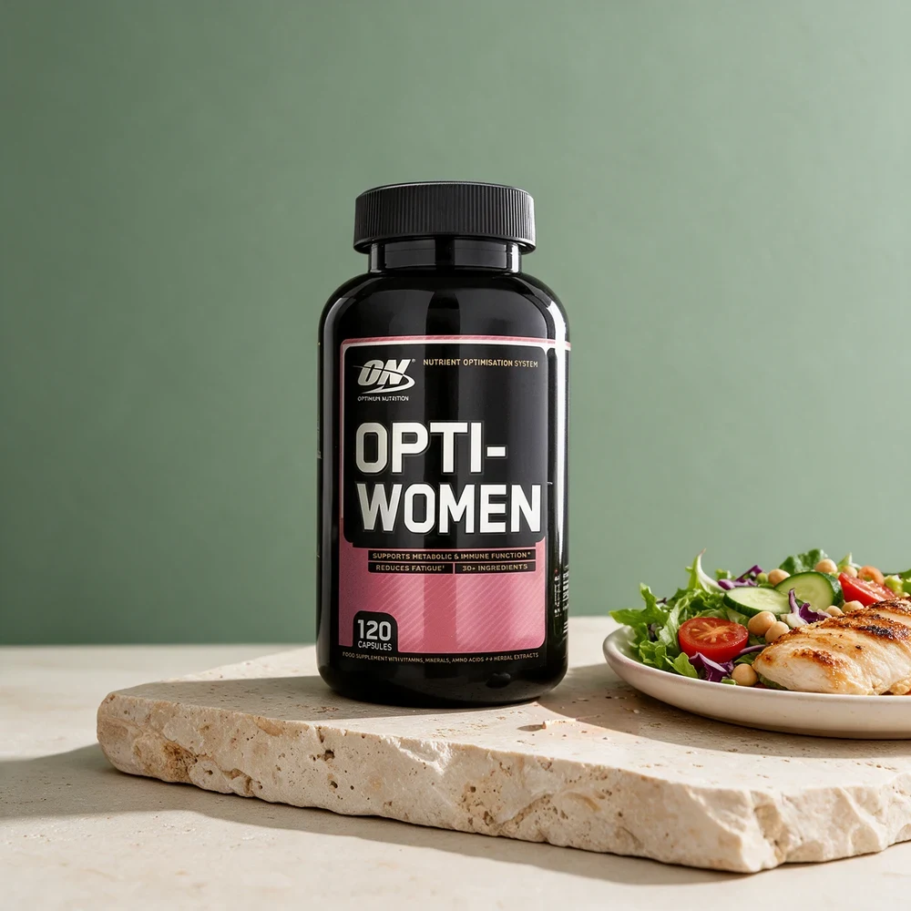 Optimum Nutrition Opti-Women, sort boks med 120 gelatinkapsler, ved en tallerken mat