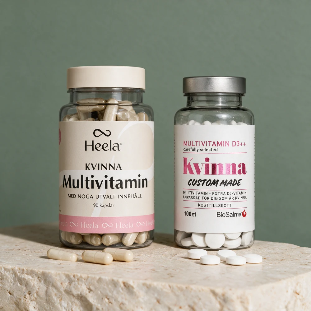Heela Multivitamin Kvinne og BioSalma Multivitamin Kvinne D-vitamin++ side om side, kapsler og belagte tabletter der to av hver gir like mye jern, jod og D3