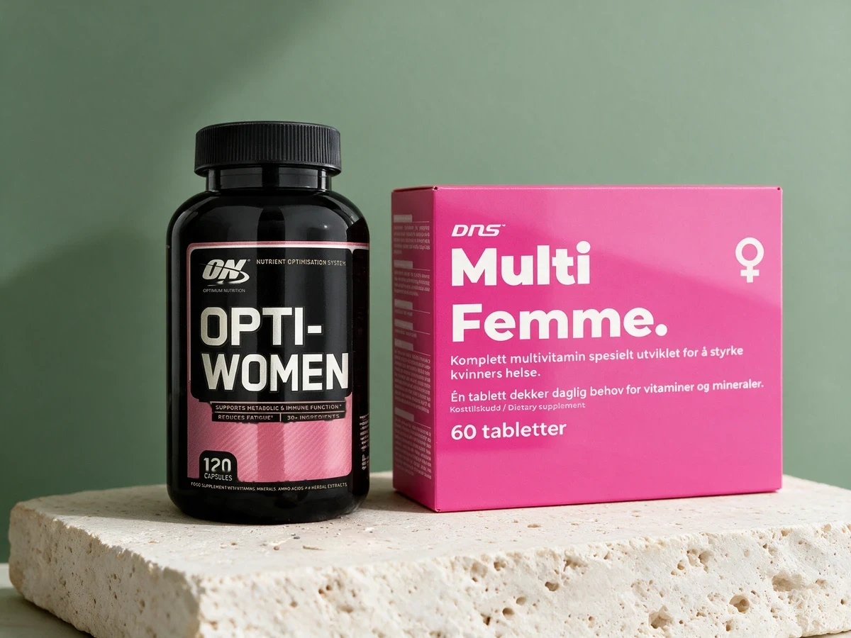 Optimum Nutrition Opti-Women og DNS Multi Femme side om side på et travertinbord