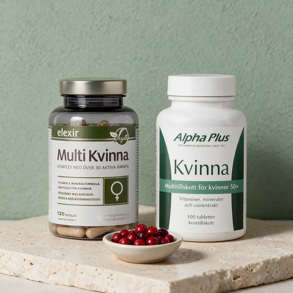 Elexir Multivitamin Kvinne og Alpha Plus Kvinne 50+ med en skål tranebær, to formler med tranebær i innholdslisten