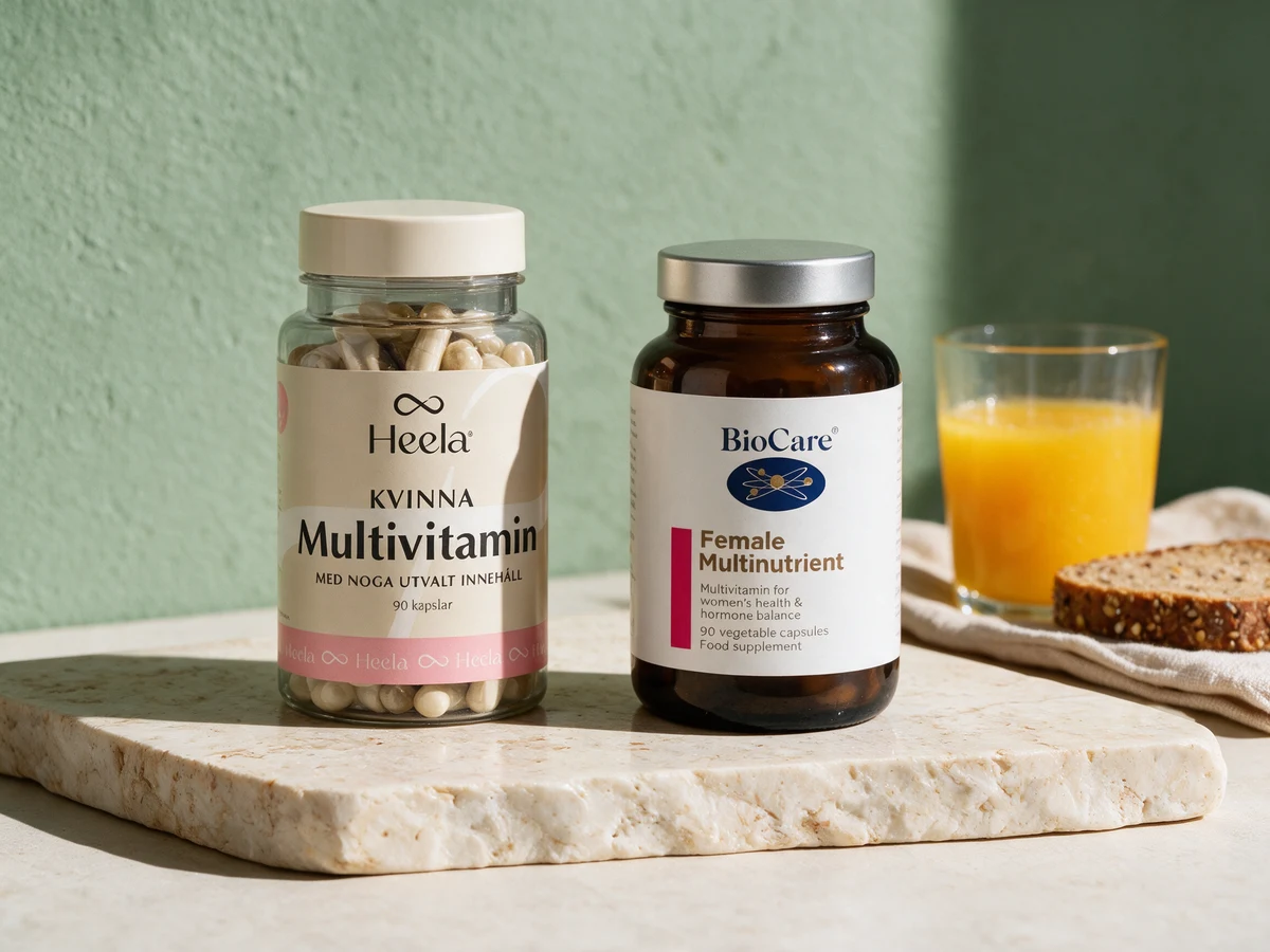 Heela Multivitamin Kvinne og BioCare Female Multinutrient ved en skive grovbrød og et glass appelsinjuice, multivitamin tatt med juice i stedet for kaffe