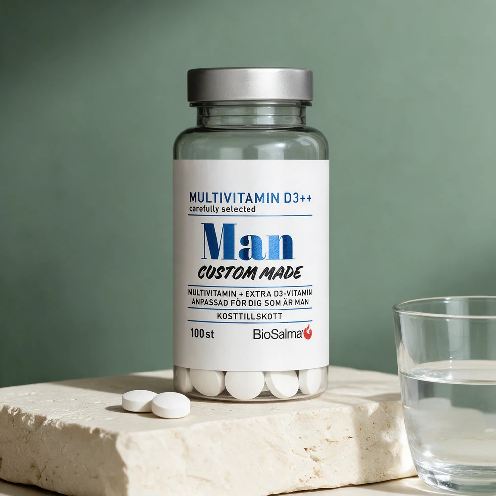 BioSalma Multivitamin Man med to runde, hvite tabletter foran boksen