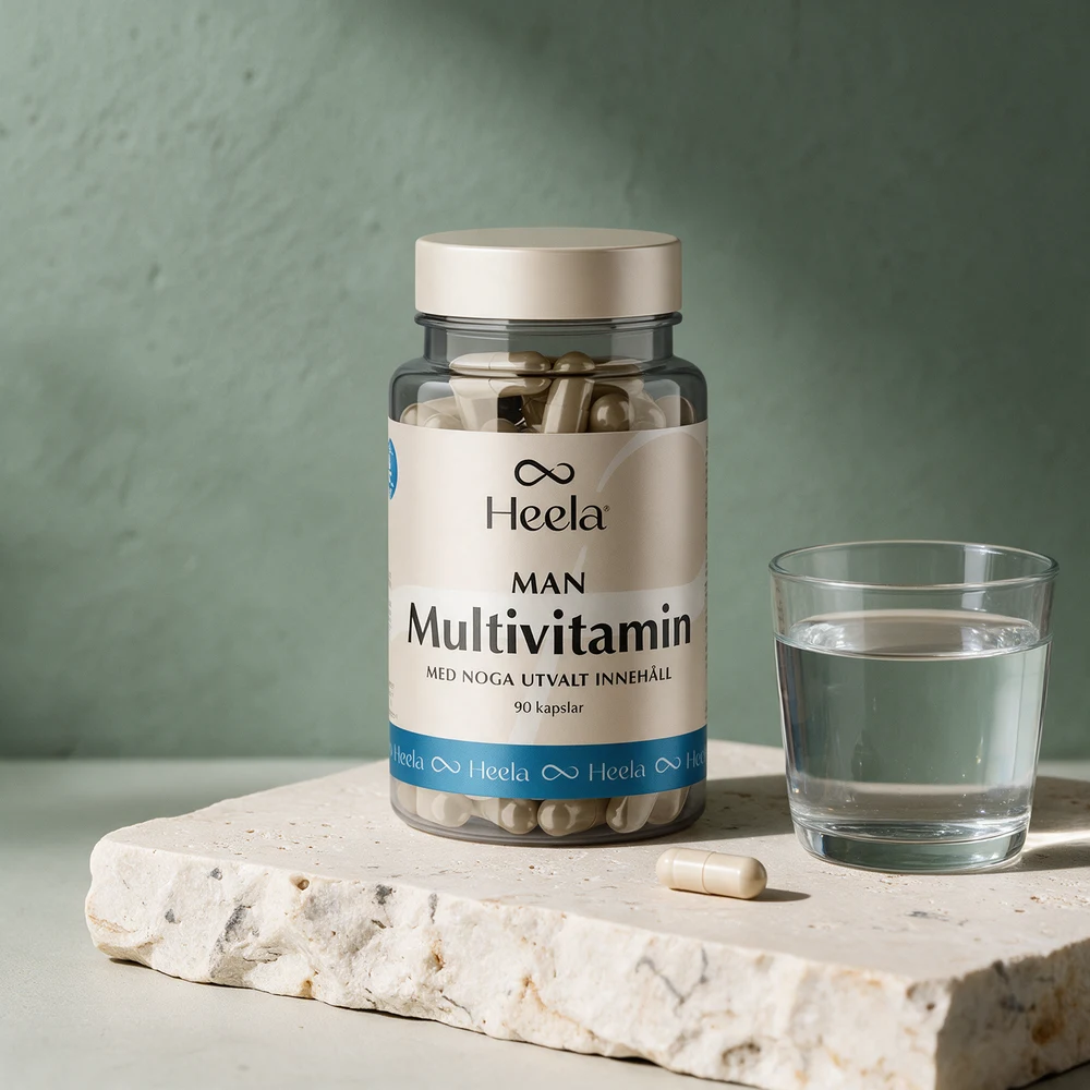Heela Multivitamin Man i klar boks med lyse plantekapsler, én kapsel foran boksen