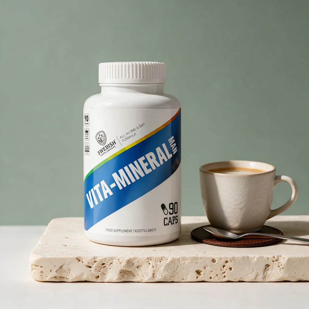 Swedish Supplements Vita-Mineral Man, boks med 90 kapsler, ved en kaffekopp